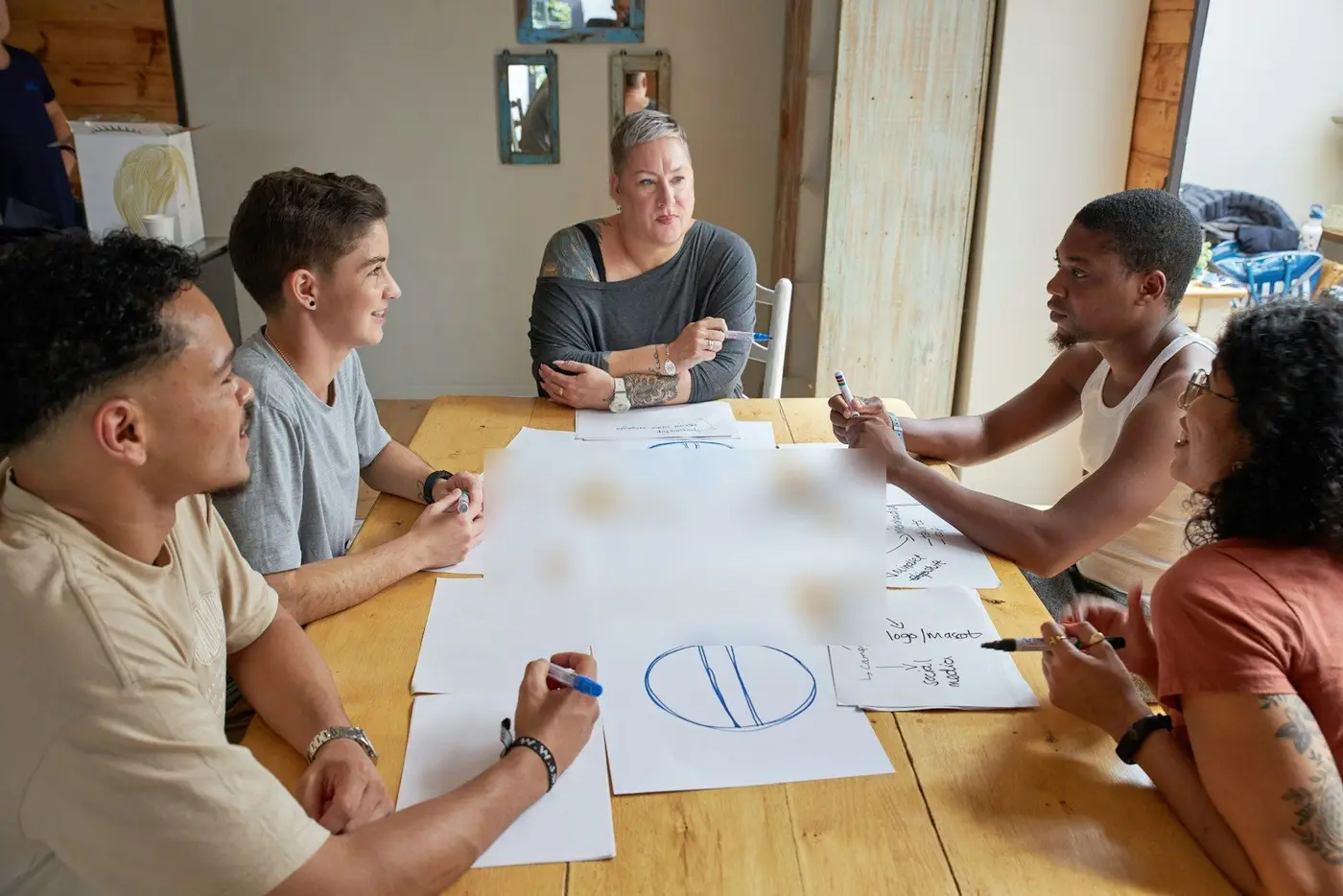 Fünf Leute am Holztisch mit Papieren und Stiften, Workshop-Situation